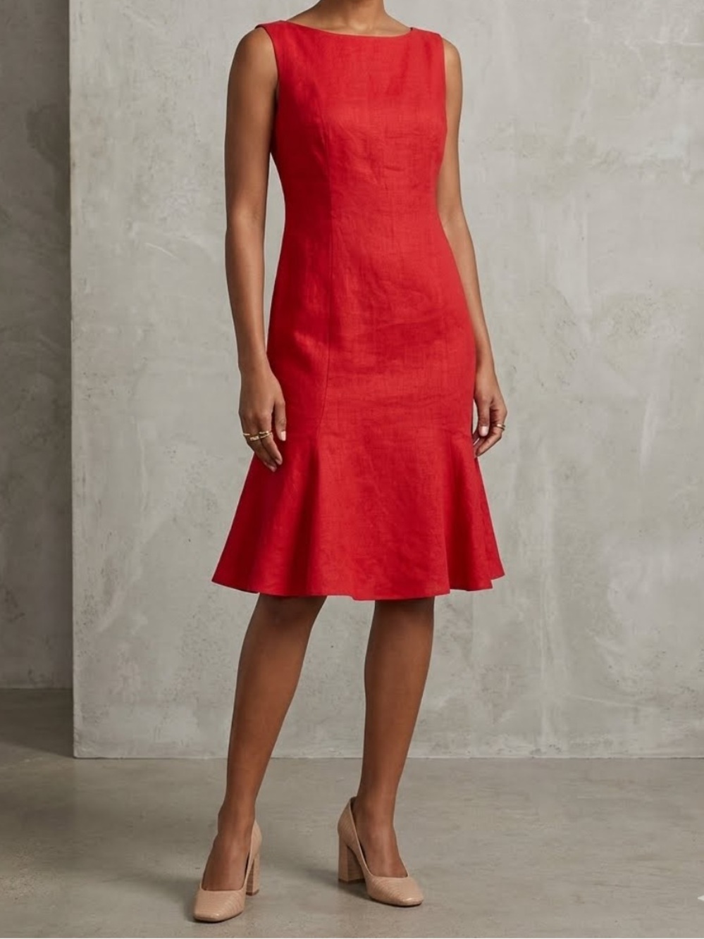 MAGGIE LONDON Petites Red Linen Cocktail Dress Sleeveless Sheath Size 14P